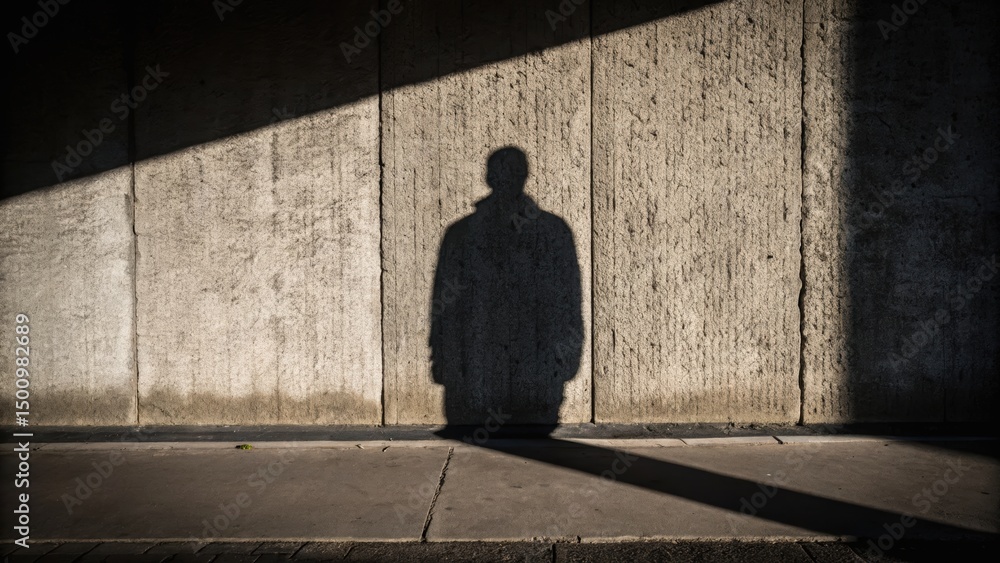 Poster a shadow of a person cast on a textured wall, illuminated by diagonal light creating a stark contras