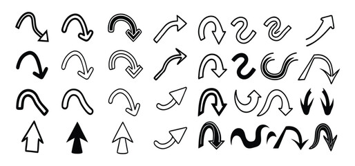 Hand drawn artistic curved arrows vector illustration set with numbers and symbols