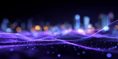 Futuristic Cityscape with Glowing Purple Digital Waves