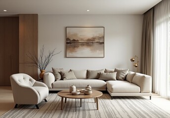 Minimalist, japandi style interior design of modern living room. Room with contemporary beige boucle sofa, armchair, and abstract painting 