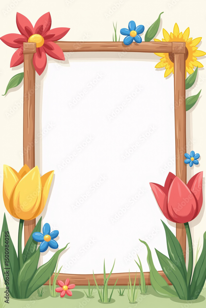 Poster rustic wooden frame blank text with flowers field background. generative ai