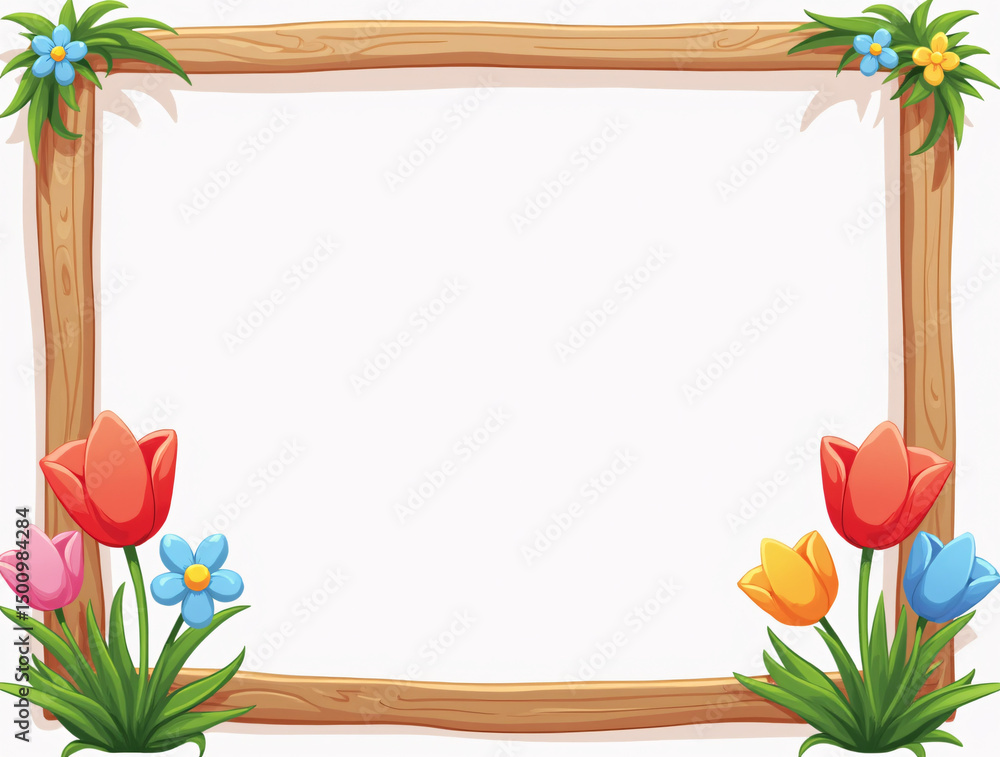 Poster rustic wooden frame blank text with flowers field background. generative ai