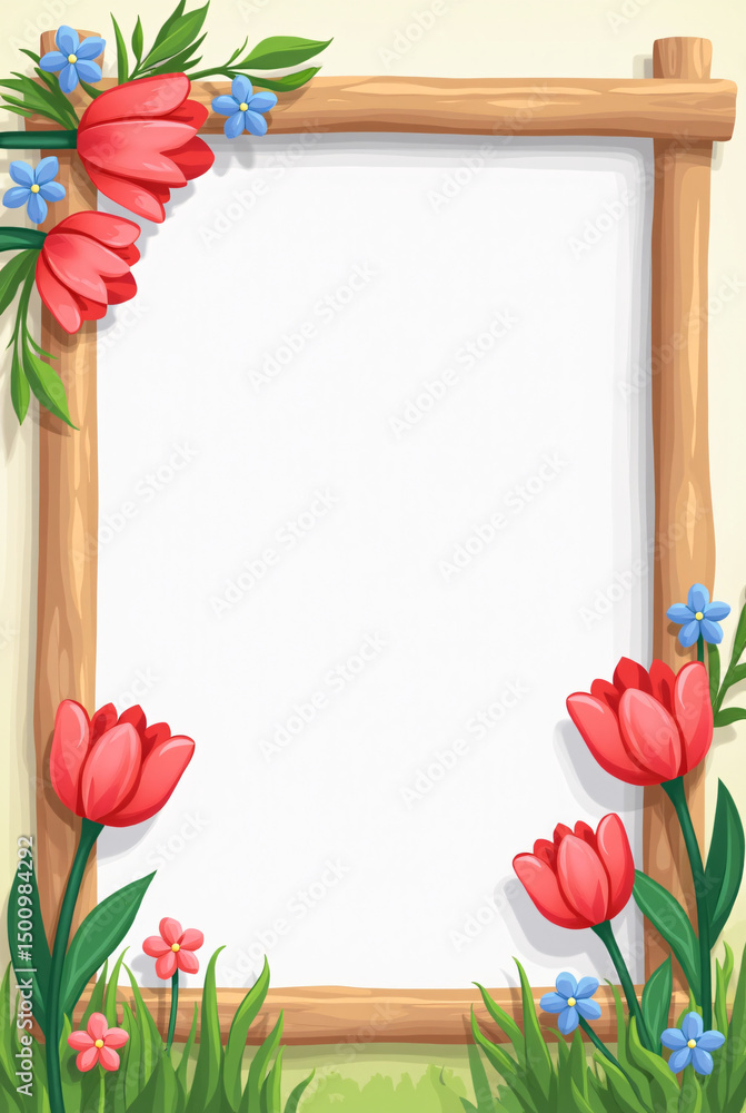 Poster rustic wooden frame blank text with flowers field background. generative ai