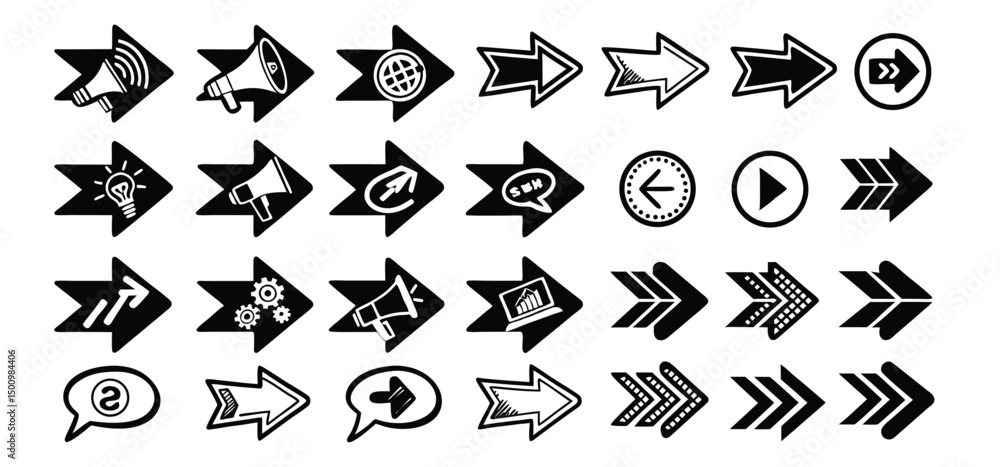 Poster black and white arrow icons vector set for web direction and business design elements