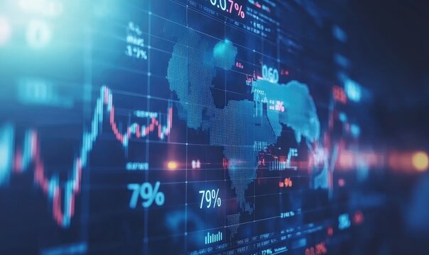 Global financial data displayed on a digital interface, showing world map overlaid with stock market graphs and percentages.  Detailed information and charts cover the entire screen - Powered by Adobe