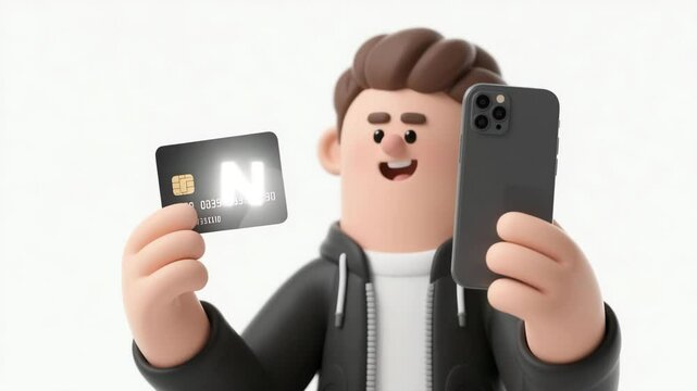 3D Cartoon Man Holding Credit Card Near Smartphone Mimicking Contactless NFC Payment
