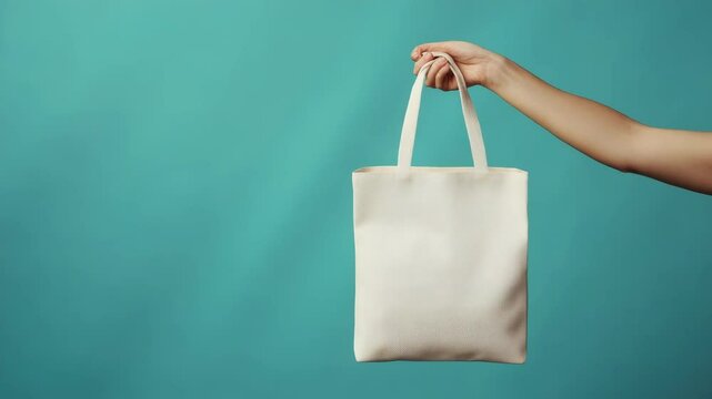 Close-up of a female hand holding a blank white eco tote bag against turquoise background, minimalist mockup for branding, advertising, sustainable fashion, packaging or eco-friendly design concepts