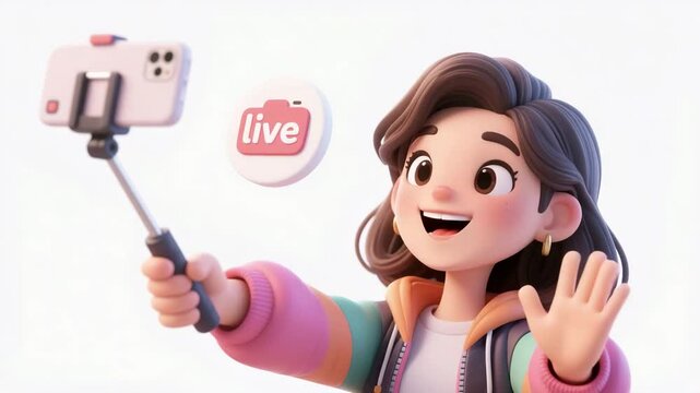  3D Cartoon Woman Waving While Live Streaming With Smartphone on Selfie Stick