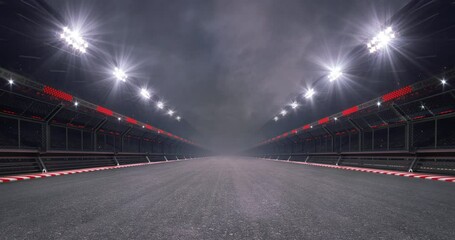 Empty racing track and glowing floodlights illuminated sport stadium at night. Professional 4K video loop for racing sports advertising. - Powered by Adobe