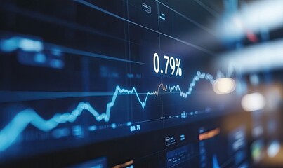 Financial data displayed on a screen, showing a fluctuating percentage of 0.79%.  Graph lines illustrate market trends, with various indicators visible