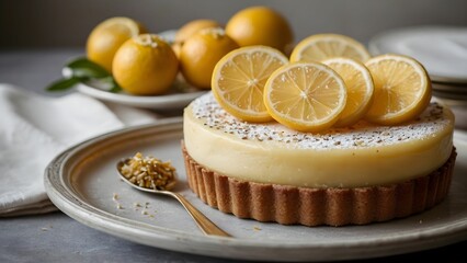 Delicious bergamot citrus tart with sliced fruit and a sprinkling of nuts, beautifully arranged on a plate with fresh bergamot in the background Generative AI