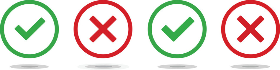 Four circular icons in a row showing a green checkmark and a red X symbol, alternating between the two, with a gray shadow beneath each icon on a white background. © Ahmad