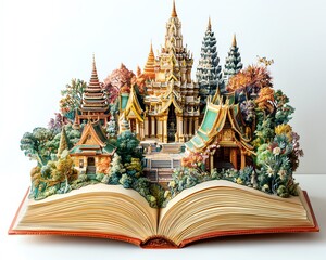 Fototapeta premium A highly detailed and sharply focused oil painting of a traditional Thai Buddha statue during the Songkran festival The statue is respectfully adorned with vibrant flower garlands