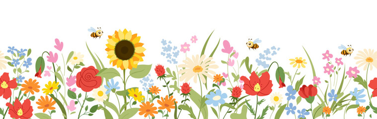 Seamless horizontal banner wildflower and bees. Floral border. Rustic summer meadow with poppies, sunflowers, daisies and field plants. Vector pattern for natural design, print, decor and packaging