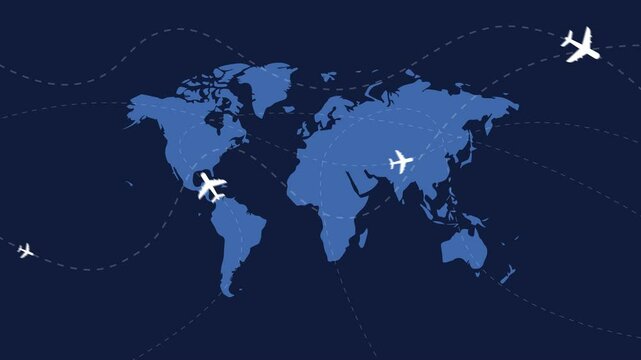 World map with flying airplanes on dark blue background. Travel, global transport concept in flat minimalistic design. Holiday, adventure animation theme.