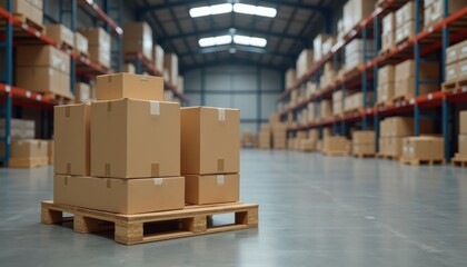 Pallet with large boxes, well-organized logistic warehouse. High shelves in the background are filled with goods, efficient storage, inventory, and distribution management.