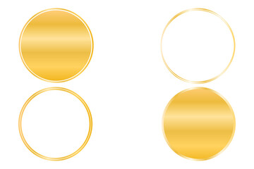 Gold circle frame isolated on transparent background. Golden metal buttons. Round banner sticker label. design element, PNG