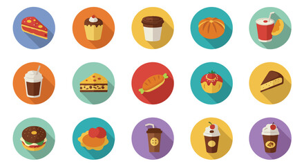 This image features a colorful and cheerful collection of 15 food icons representing various desserts, pastries, drinks, and snacks, all set against circular backgrounds.