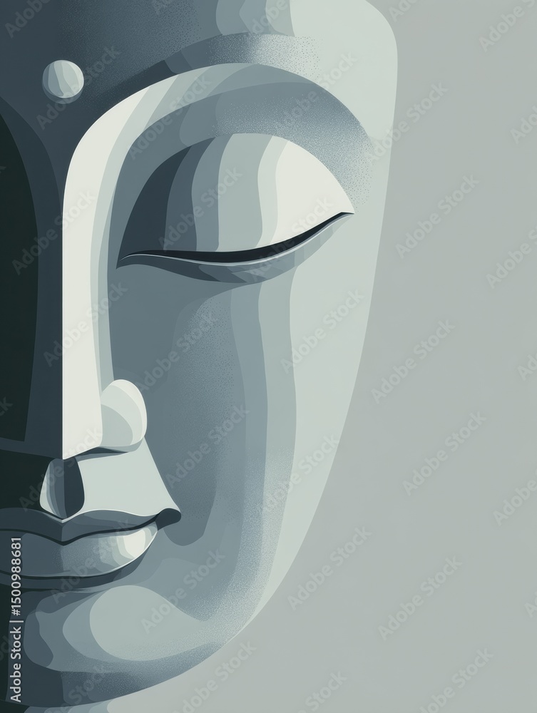Poster calm expression of buddha face in flat design with soft top light highlighting the serene features a