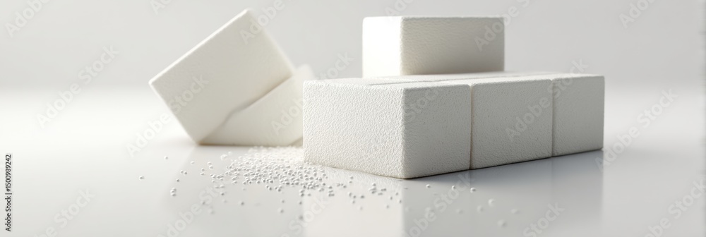 Poster Minimalistic Arrangement of Foam Bricks and Sealant on a Clean White Surface for Construction Projects