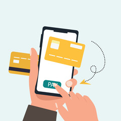 Hand holding smartphone online payment on mobile phone with credit card or debit card of secure payment and money transfer, digital payment concept vector illustration.
