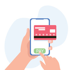 Hand holding smartphone online payment on mobile phone with credit card or debit card of secure payment and money transfer, digital payment concept vector illustration.