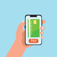 Hand holding smartphone online payment on mobile phone with credit card or debit card of secure payment and money transfer, digital payment concept vector illustration.