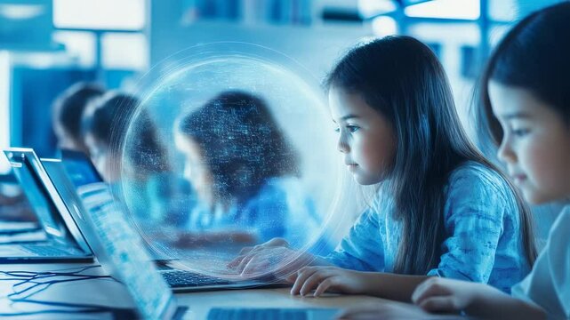 Focused young students using laptops with digital sphere in modern classroom - Powered by Adobe