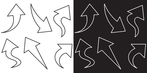 Set of long curve line arrow icon vector. Curve arrow icon set. long arrow icon set. curve line art vector illustration. Black and white background.