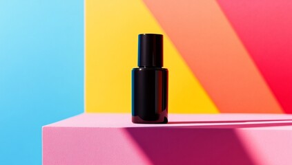 Black bottle with colorful background.