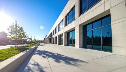 Obraz premium Modern building facade with blue reflections & sunny sky seen along a long sidewalk
