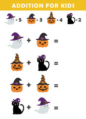 Addition for Kids. Fun Math Logic Puzzles for Kids. Math Game with Cute Halloween Illustration. Math Activities for Children.