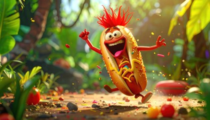 Joyful, cartoon hotdog with mohawk dancing on a jungle path, confetti falling