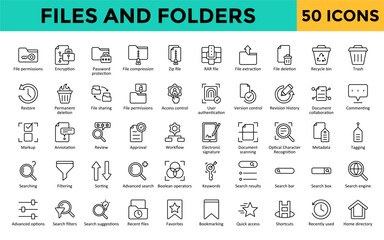 Files and Folders icons set with file permissions, encryption, password protection, file compression, zip file, rar file, file extraction, file deletion, recycle bin, trash icon. Simple line vector   © Gravisio
