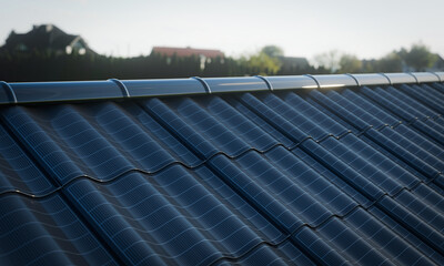 Photovoltaic roof tiles integrated into a house rooftop. Innovative solar energy solution with a modern aesthetic for architectural or sustainable energy visuals.