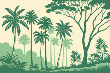 Tall tropical trees wall mural painted art, watercolor art style wallpaper background.  © Songita