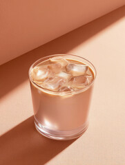 Glass of iced coffee with milk on a peach-colored background, captured in natural sunlight with a minimal and elegant aesthetic.