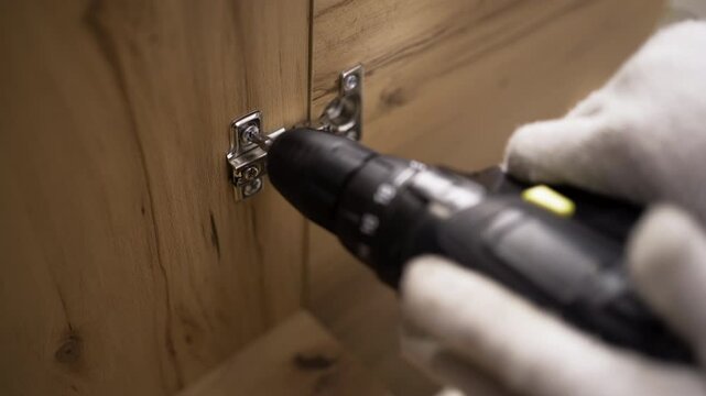 Installing a furniture hinge, assembling and fixing fittings with a drill screwdriver.