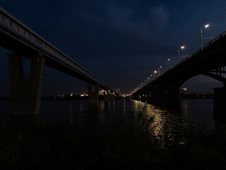 Night view of the bridge over the Ob River Russia Novosibirsk
