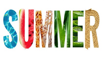 Summer vibes collage with watermelon, wheat, aloe, and sun hat elements