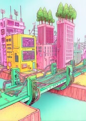 Fototapeta premium Ciudad futurista pastel, ilustración digital