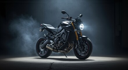 Sleek black motorcycle in dramatic spotlight with smoke effect and moody atmosphere