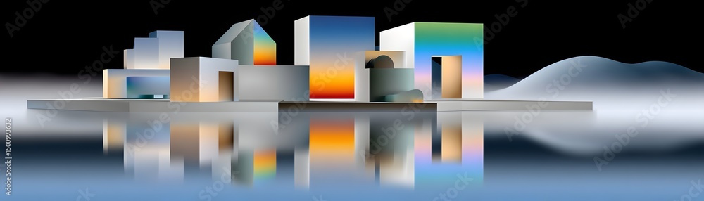 Poster an abstract metropolis in a dreamlike void, floating pathways illuminated by shifting light spectrum