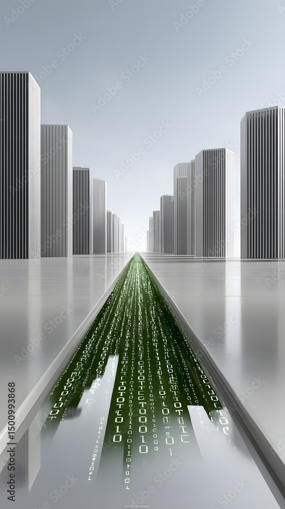 Poster a virtual city collapsing into a vortex of pixels, fragmented skyscrapers disintegrating into binary