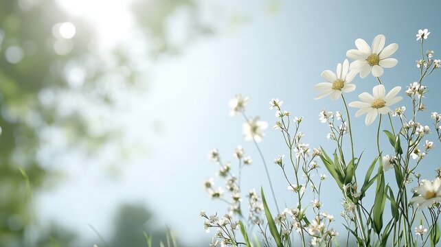 White Wildflowers and Daisies Blooming in Sunny Summer Meadow Against Blue Sky daisies wildflowers