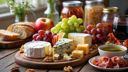 Gourmet cheese and fruit platter with wine on rustic wooden table