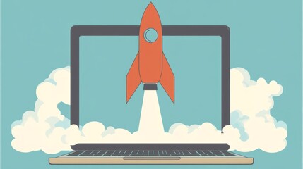 Laptop Rocket Launch Startup Success Digital Marketing