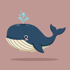 A charming cartoon illustration portrays a vibrant blue whale, playfully spouting water, set against a soft, muted pink backdrop, radiating warmth and appeal.