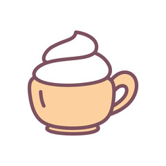 Cute coffee cup icon. Hand drawn illustration of warm drink with whipped cream topping. Kawaii autumn sticker. Vector 10 EPS.