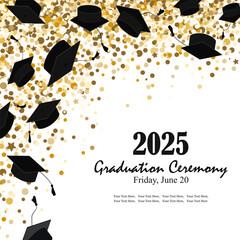 Graduation ceremony corner frame with graduate caps and gold confetti. Invitation card for grads party or other graduation celebration design. Vector illustration